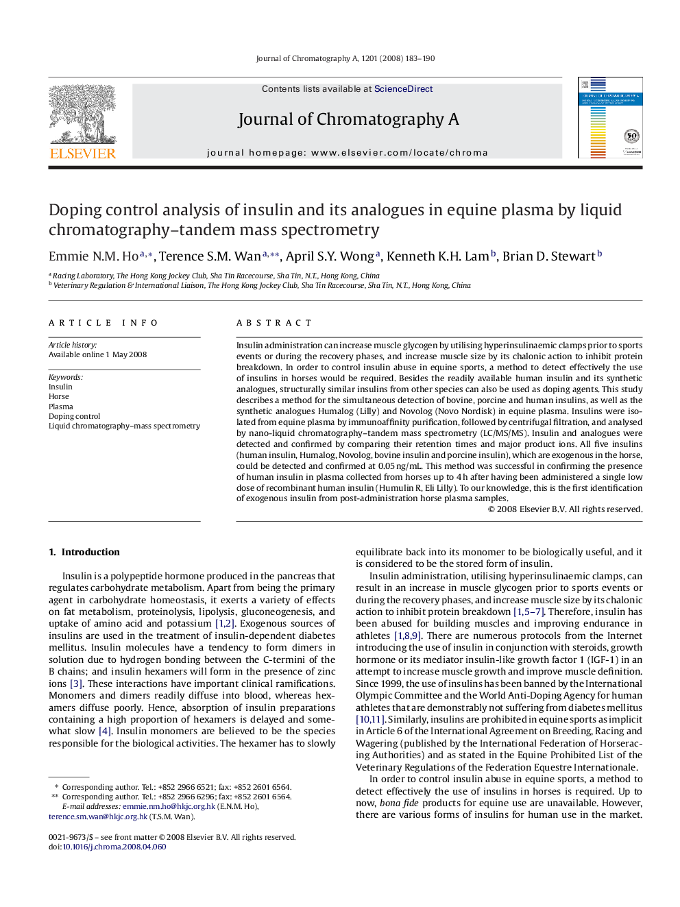 Doping control analysis of insulin and its analogues in equine plasma by liquid chromatography–tandem mass spectrometry