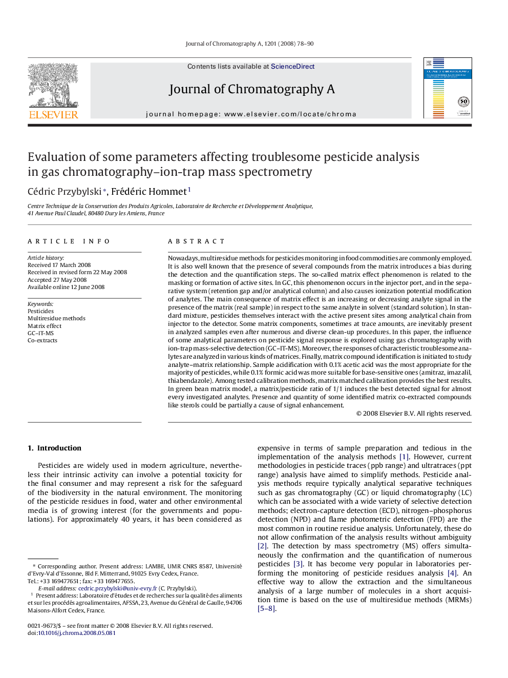 Evaluation of some parameters affecting troublesome pesticide analysis in gas chromatography–ion-trap mass spectrometry