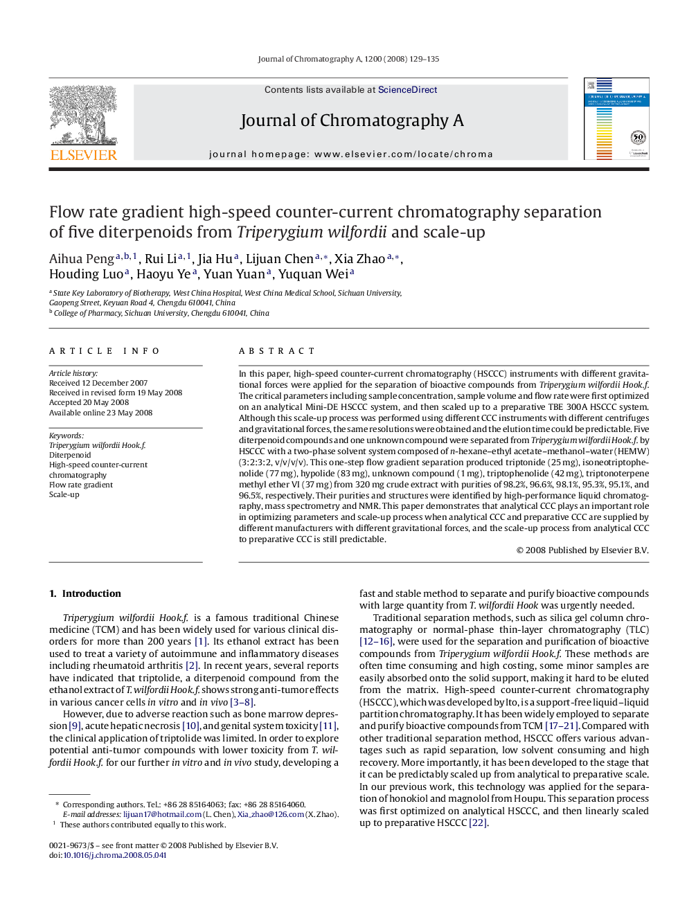 Flow rate gradient high-speed counter-current chromatography separation of five diterpenoids from Triperygium wilfordii and scale-up