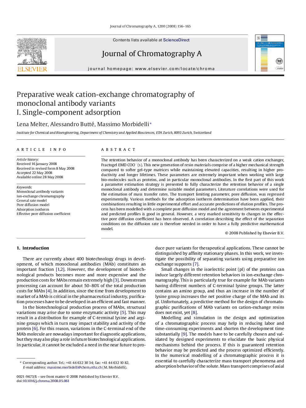 Preparative weak cation-exchange chromatography of monoclonal antibody variants: I. Single-component adsorption