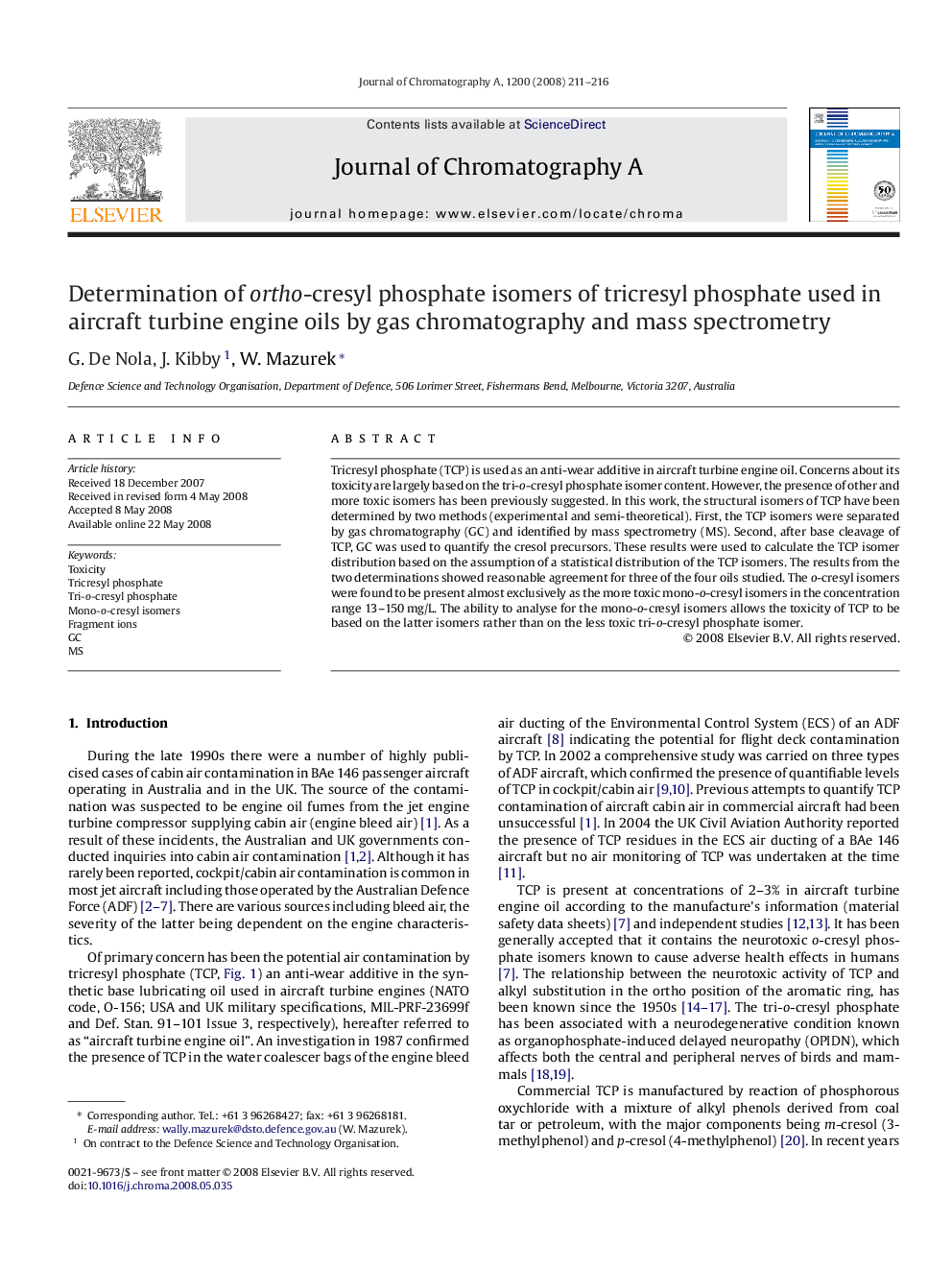 Determination of ortho-cresyl phosphate isomers of tricresyl phosphate used in aircraft turbine engine oils by gas chromatography and mass spectrometry