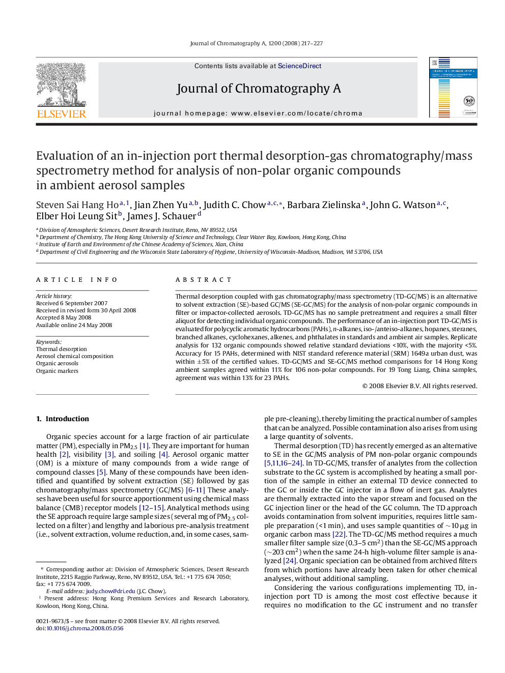 Evaluation of an in-injection port thermal desorption-gas chromatography/mass spectrometry method for analysis of non-polar organic compounds in ambient aerosol samples