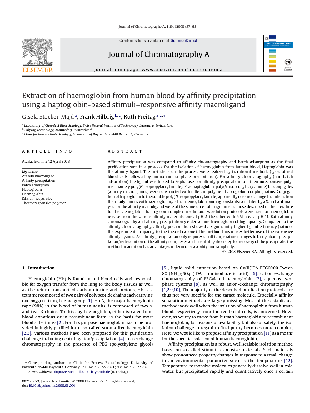 Extraction of haemoglobin from human blood by affinity precipitation using a haptoglobin-based stimuli–responsive affinity macroligand