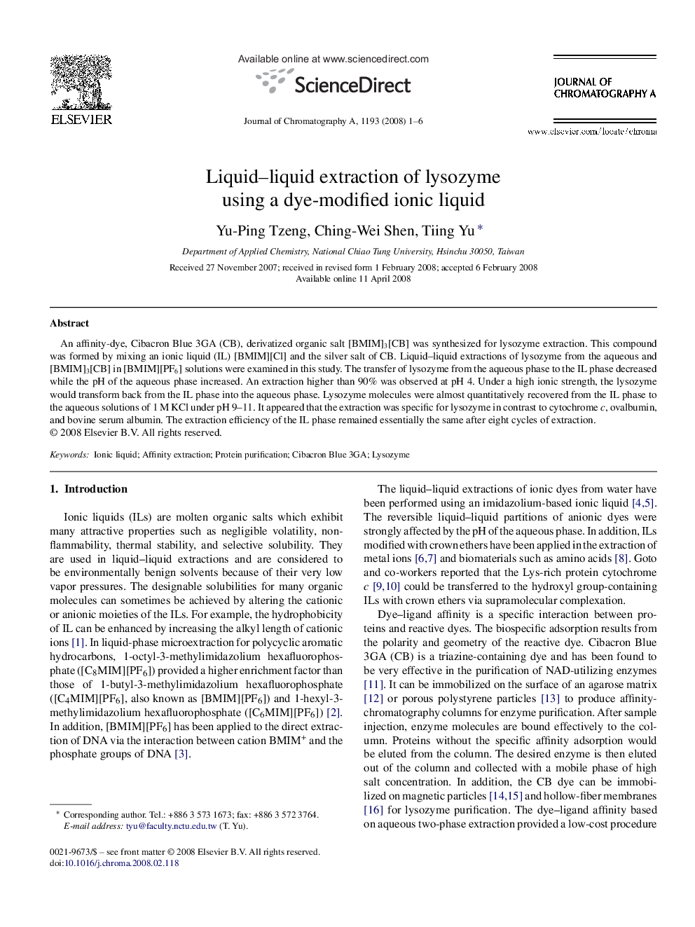 Liquid–liquid extraction of lysozyme using a dye-modified ionic liquid