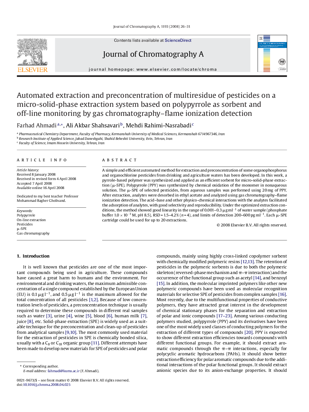 Automated extraction and preconcentration of multiresidue of pesticides on a micro-solid-phase extraction system based on polypyrrole as sorbent and off-line monitoring by gas chromatography–flame ionization detection