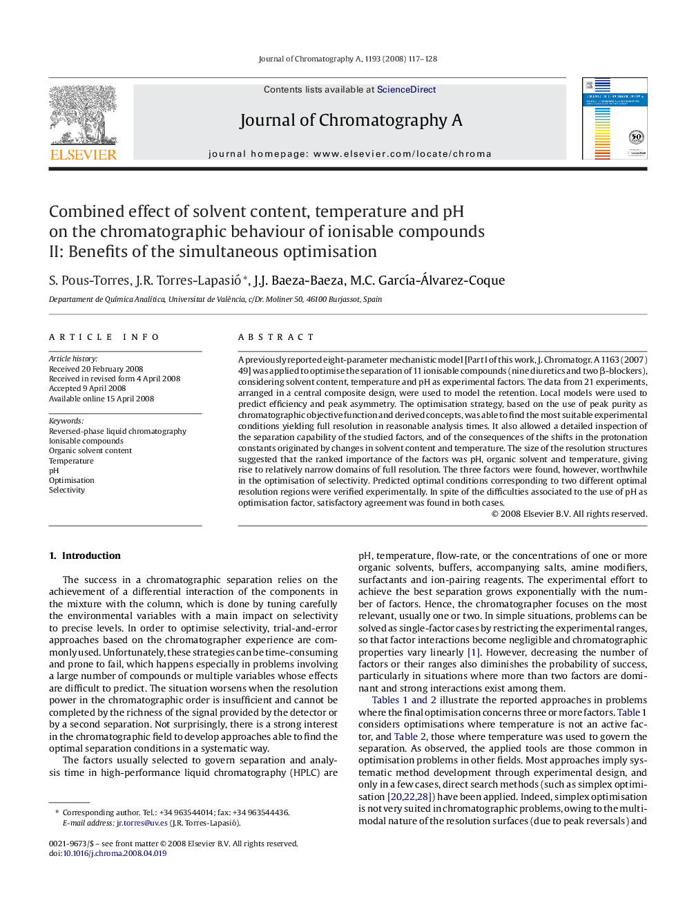 Combined effect of solvent content, temperature and pH on the chromatographic behaviour of ionisable compounds: II: Benefits of the simultaneous optimisation