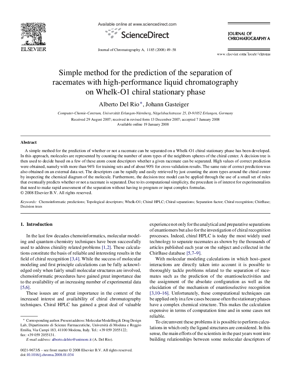 Simple method for the prediction of the separation of racemates with high-performance liquid chromatography on Whelk-O1 chiral stationary phase