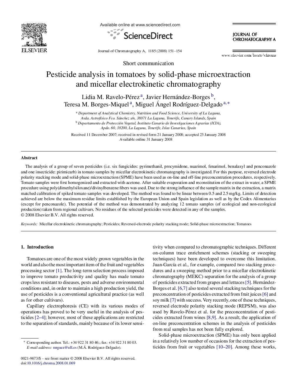 Pesticide analysis in tomatoes by solid-phase microextraction and micellar electrokinetic chromatography