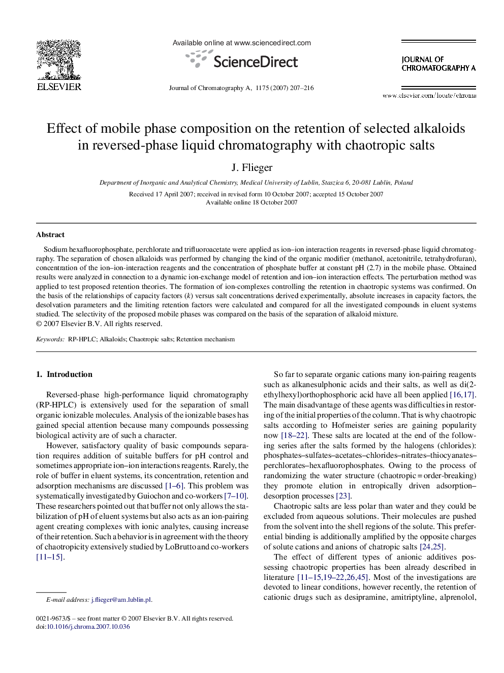 Effect of mobile phase composition on the retention of selected alkaloids in reversed-phase liquid chromatography with chaotropic salts