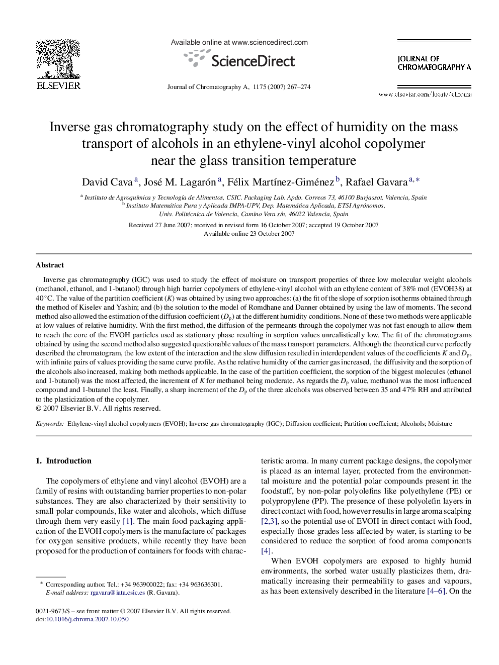 Inverse gas chromatography study on the effect of humidity on the mass transport of alcohols in an ethylene-vinyl alcohol copolymer near the glass transition temperature