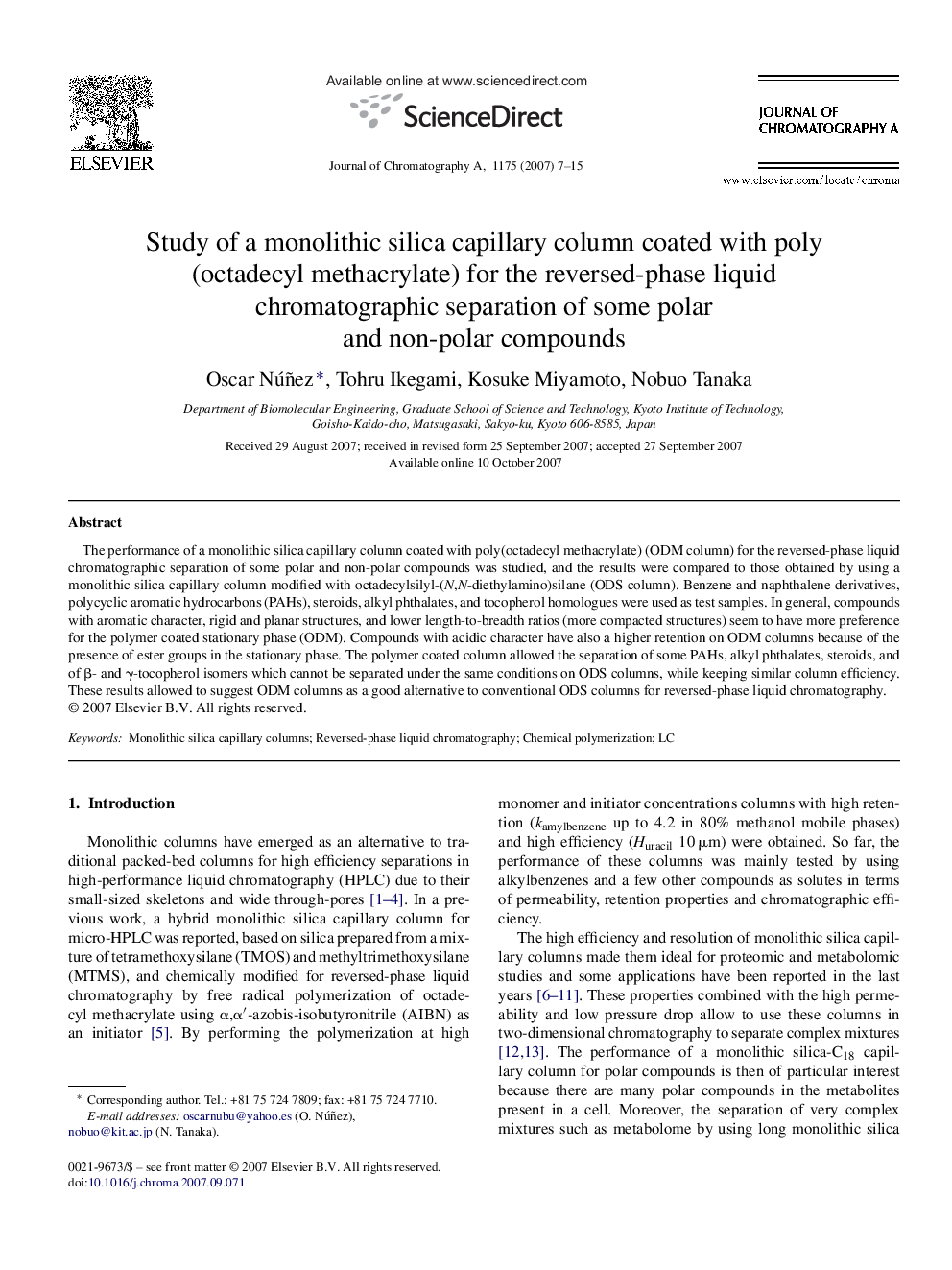 Study of a monolithic silica capillary column coated with poly(octadecyl methacrylate) for the reversed-phase liquid chromatographic separation of some polar and non-polar compounds