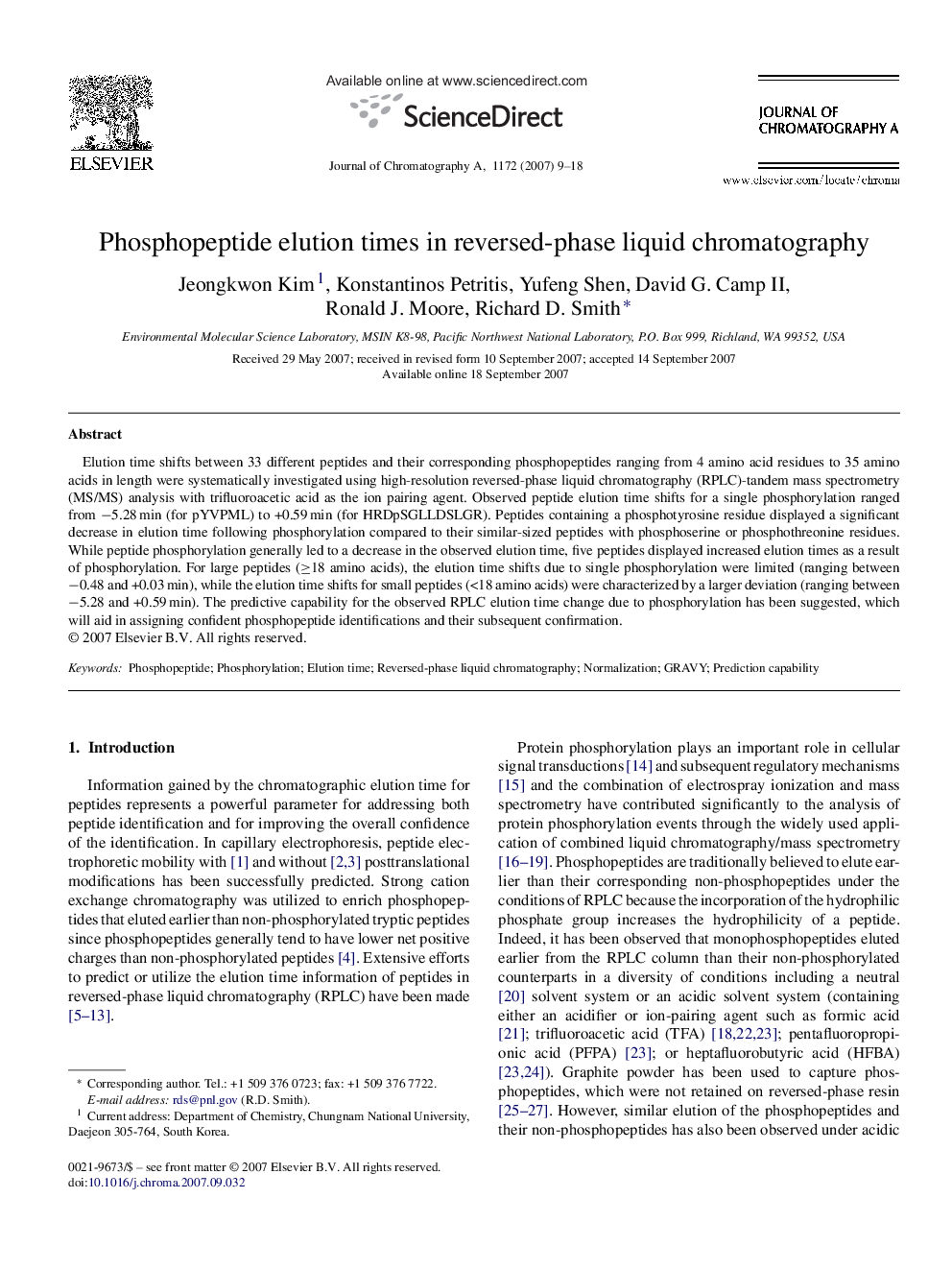 Phosphopeptide elution times in reversed-phase liquid chromatography