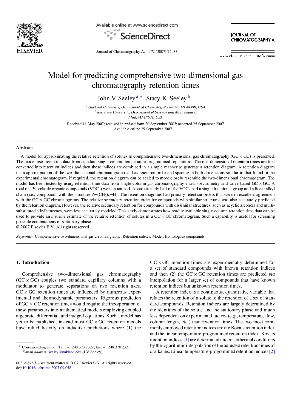 Model for predicting comprehensive two-dimensional gas chromatography retention times