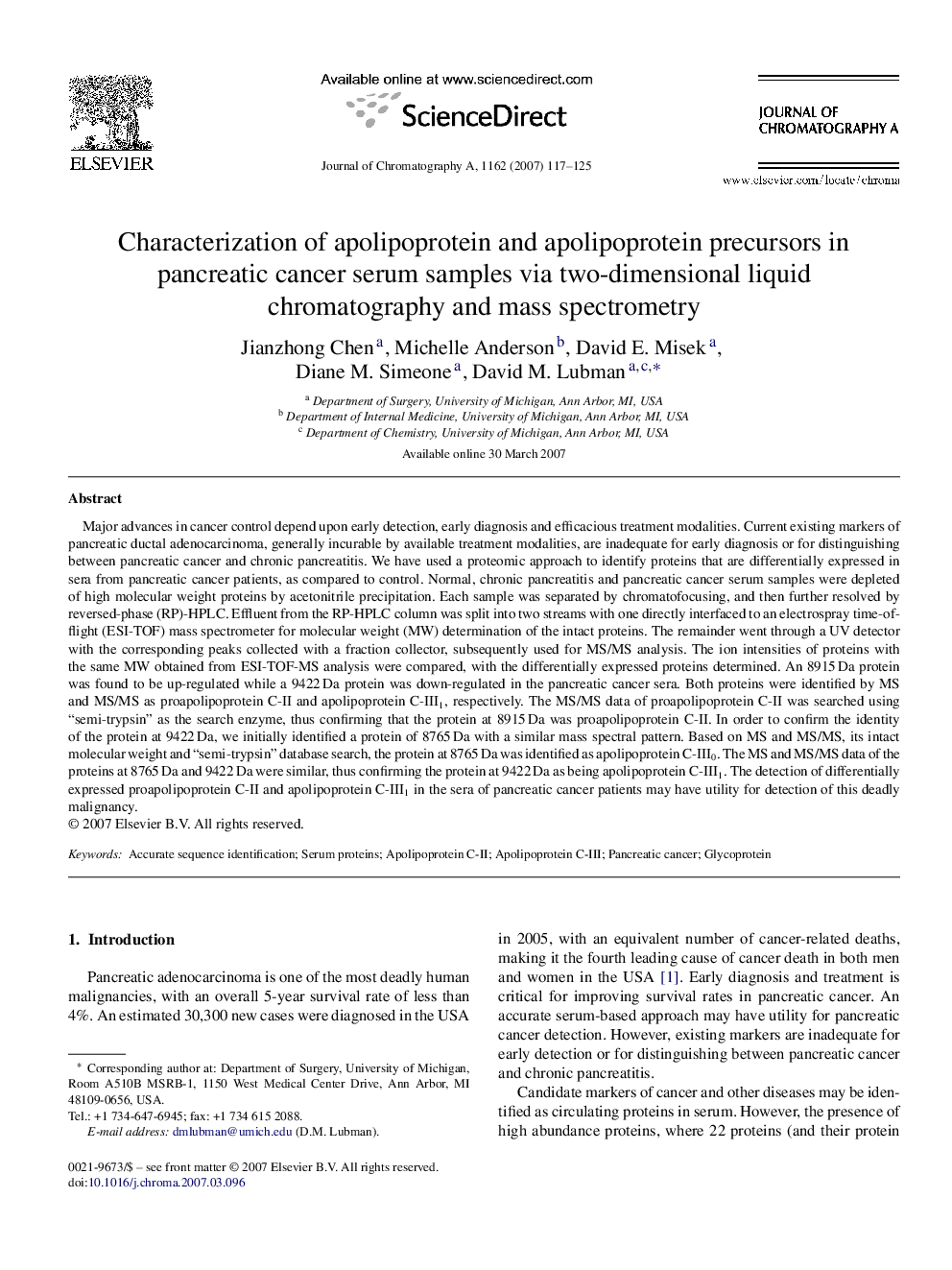 Characterization of apolipoprotein and apolipoprotein precursors in pancreatic cancer serum samples via two-dimensional liquid chromatography and mass spectrometry