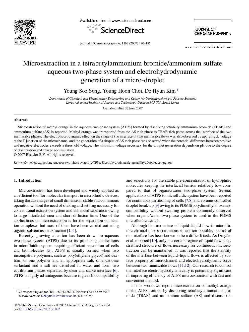 Microextraction in a tetrabutylammonium bromide/ammonium sulfate aqueous two-phase system and electrohydrodynamic generation of a micro-droplet