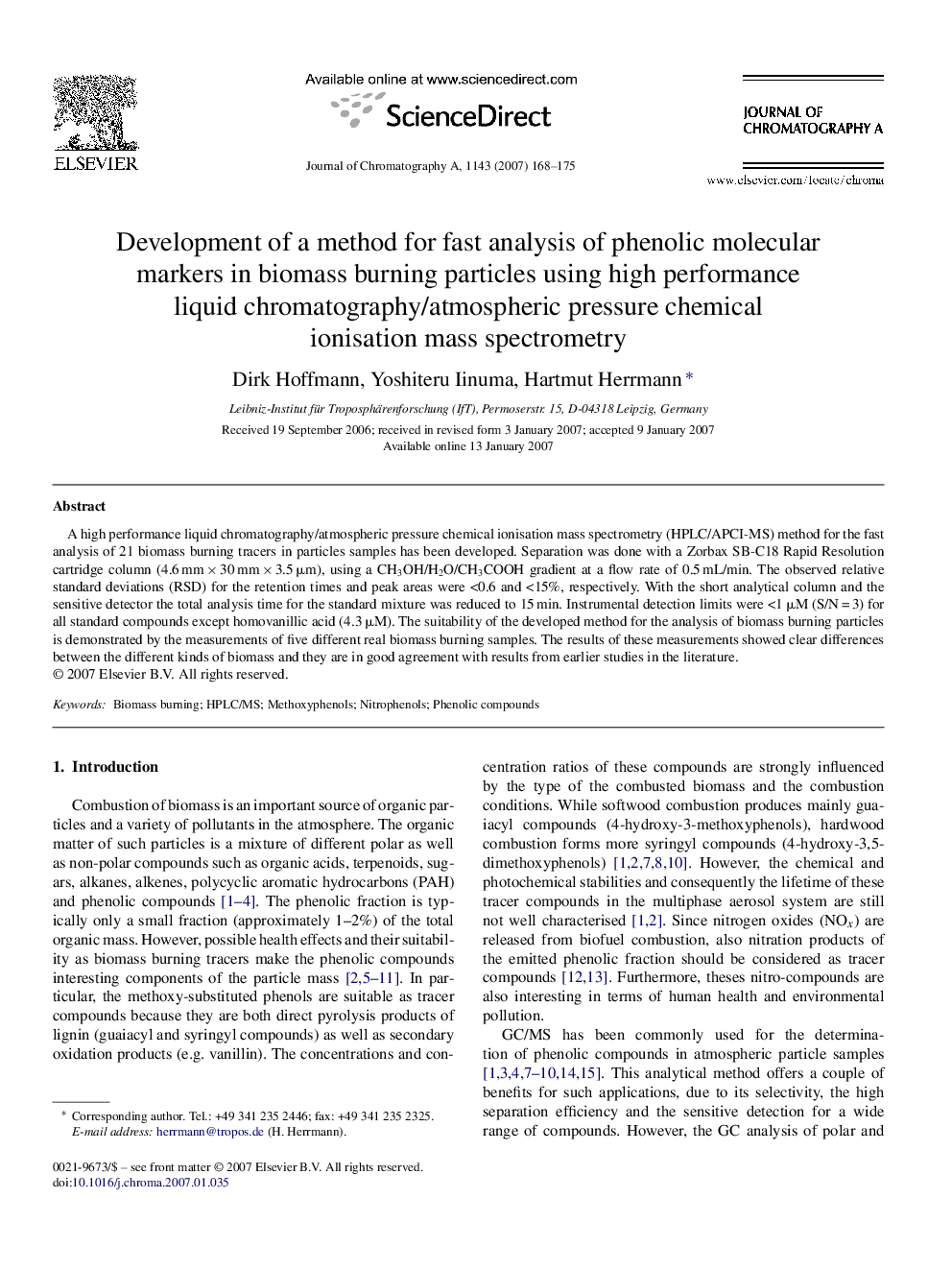 Development of a method for fast analysis of phenolic molecular markers in biomass burning particles using high performance liquid chromatography/atmospheric pressure chemical ionisation mass spectrometry