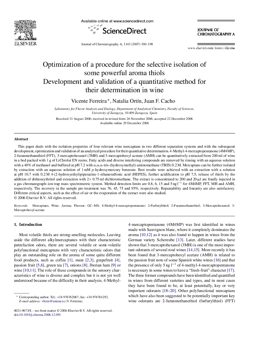 Optimization of a procedure for the selective isolation of some powerful aroma thiols