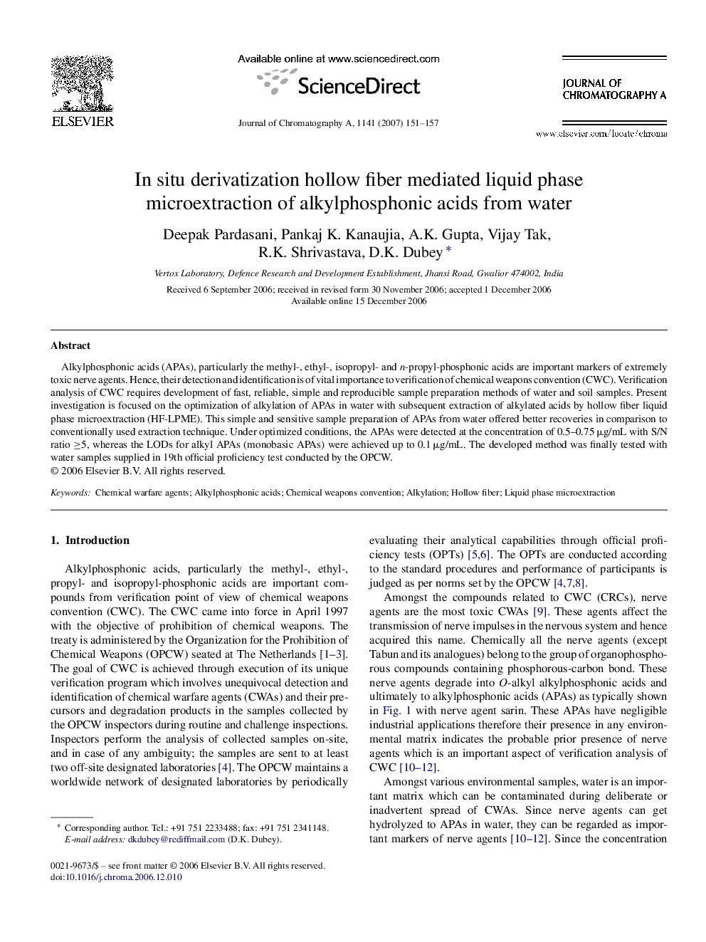 عکس صفحه اول مقاله: In situ derivatization hollow fiber mediated liquid phase microextraction of alkylphosphonic acids from water In situ derivatization hollow fiber mediated liquid phase microextraction of alkylphosphonic acids from water