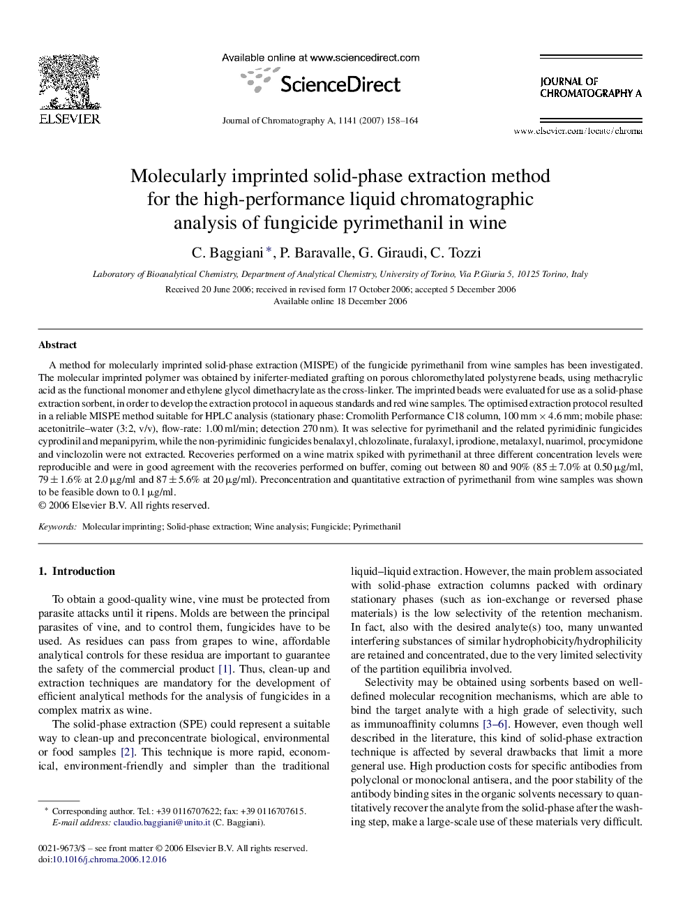 Molecularly imprinted solid-phase extraction method for the high-performance liquid chromatographic analysis of fungicide pyrimethanil in wine