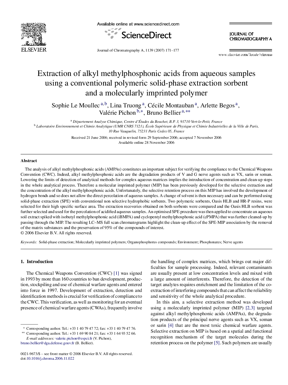 Extraction of alkyl methylphosphonic acids from aqueous samples using a conventional polymeric solid-phase extraction sorbent and a molecularly imprinted polymer