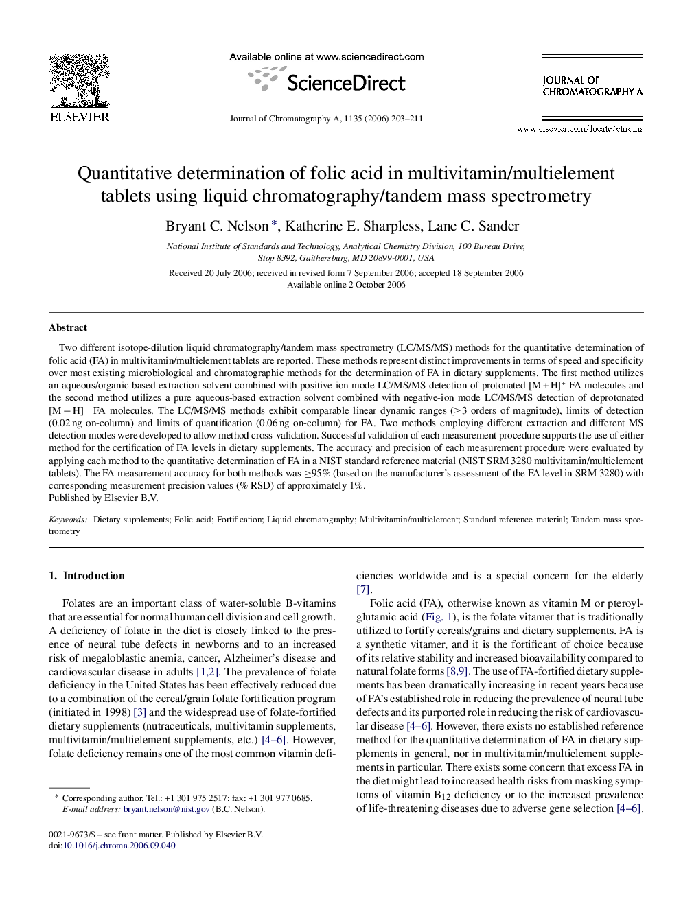 Quantitative determination of folic acid in multivitamin/multielement tablets using liquid chromatography/tandem mass spectrometry