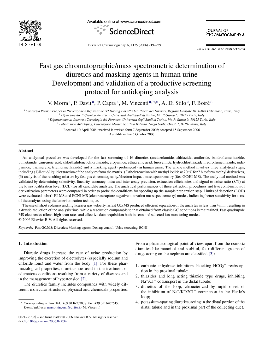 Fast gas chromatographic/mass spectrometric determination of diuretics and masking agents in human urine: Development and validation of a productive screening protocol for antidoping analysis