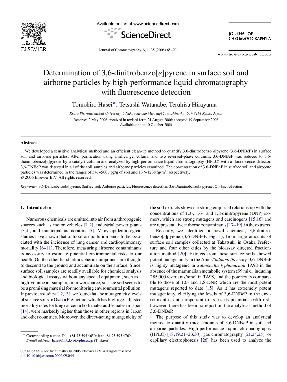 Determination of 3,6-dinitrobenzo[e]pyrene in surface soil and airborne particles by high-performance liquid chromatography with fluorescence detection