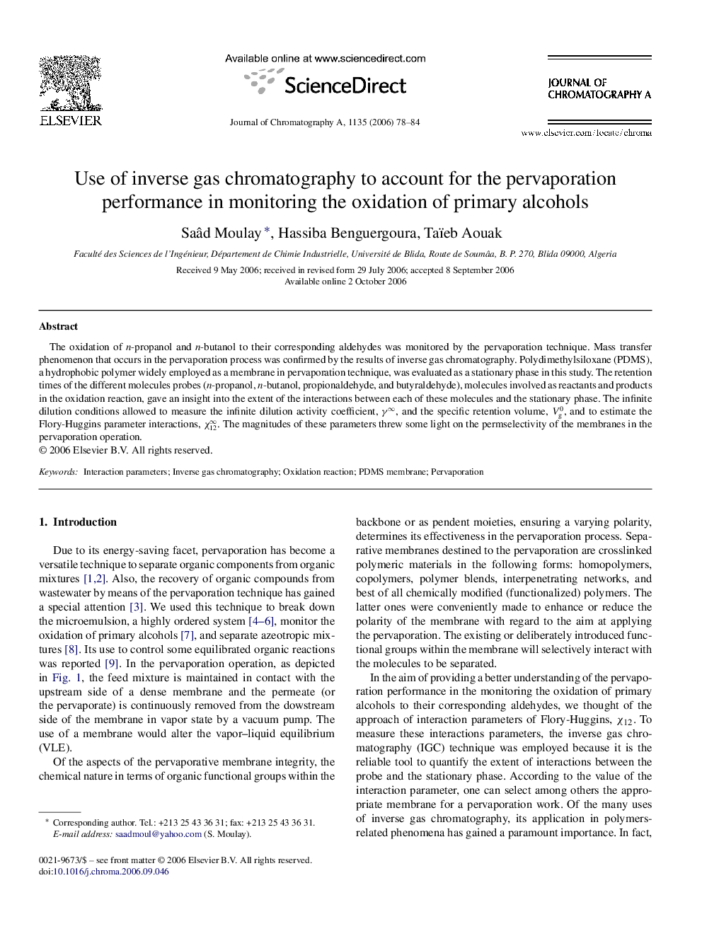 Use of inverse gas chromatography to account for the pervaporation performance in monitoring the oxidation of primary alcohols