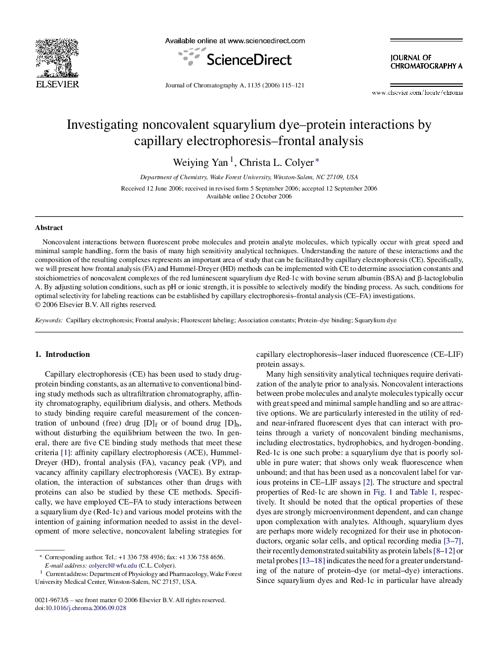 Investigating noncovalent squarylium dye–protein interactions by capillary electrophoresis–frontal analysis