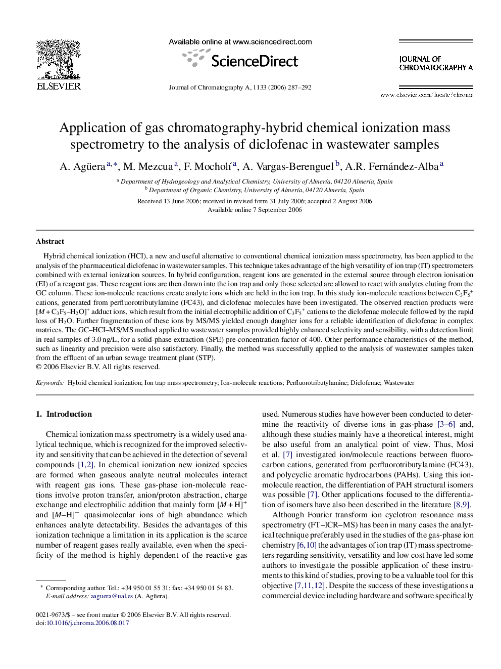 Application of gas chromatography-hybrid chemical ionization mass spectrometry to the analysis of diclofenac in wastewater samples