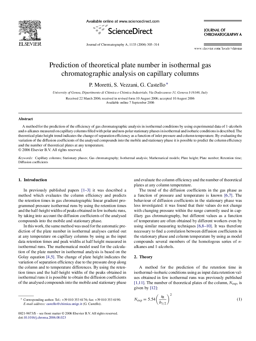 Prediction of theoretical plate number in isothermal gas chromatographic analysis on capillary columns