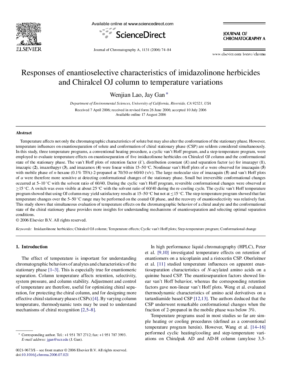 Responses of enantioselective characteristics of imidazolinone herbicides and Chiralcel OJ column to temperature variations