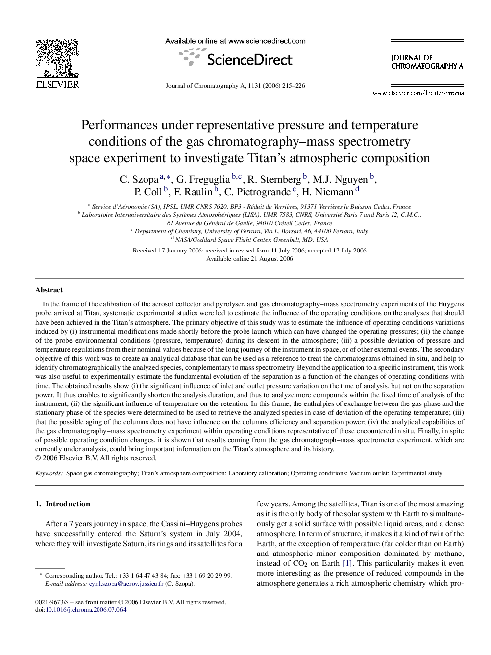 Performances under representative pressure and temperature conditions of the gas chromatography–mass spectrometry space experiment to investigate Titan's atmospheric composition