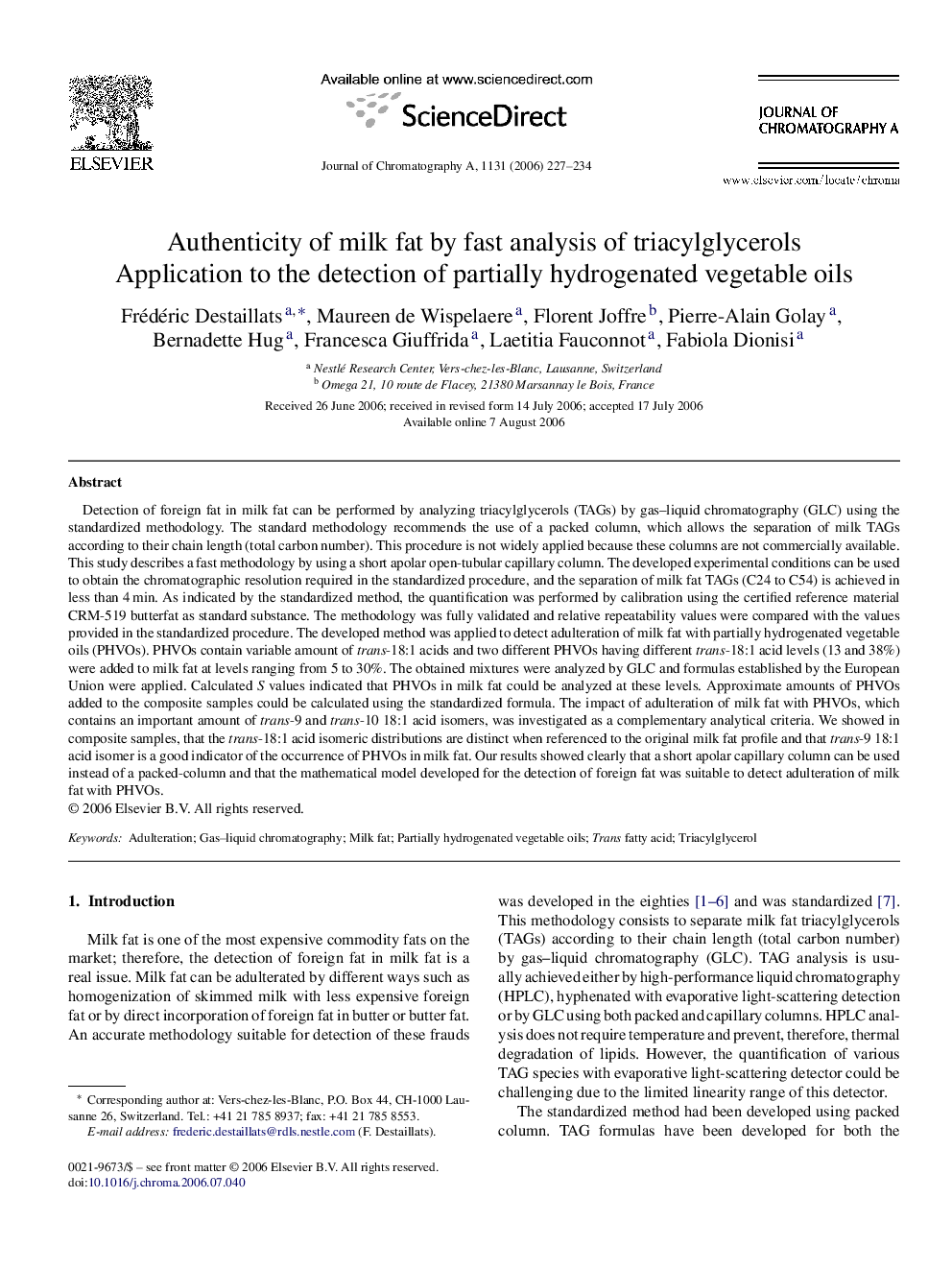 Authenticity of milk fat by fast analysis of triacylglycerols: Application to the detection of partially hydrogenated vegetable oils