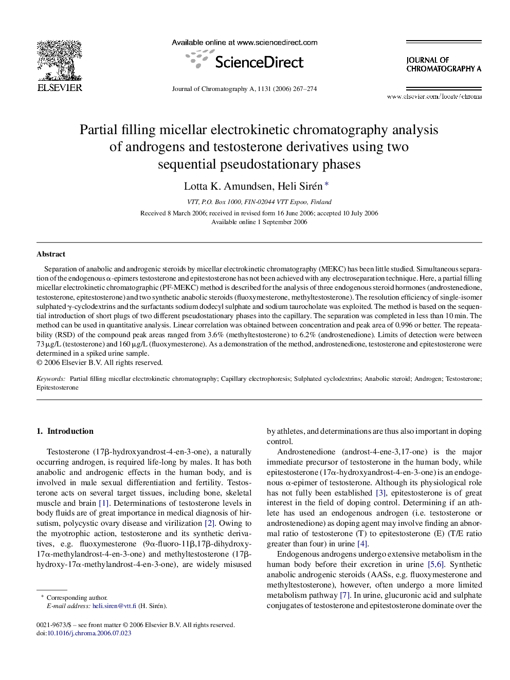 Partial filling micellar electrokinetic chromatography analysis of androgens and testosterone derivatives using two sequential pseudostationary phases