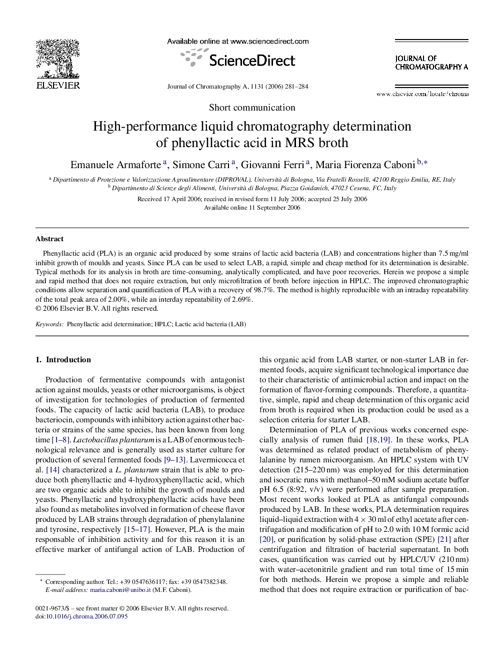 High-performance liquid chromatography determination of phenyllactic acid in MRS broth