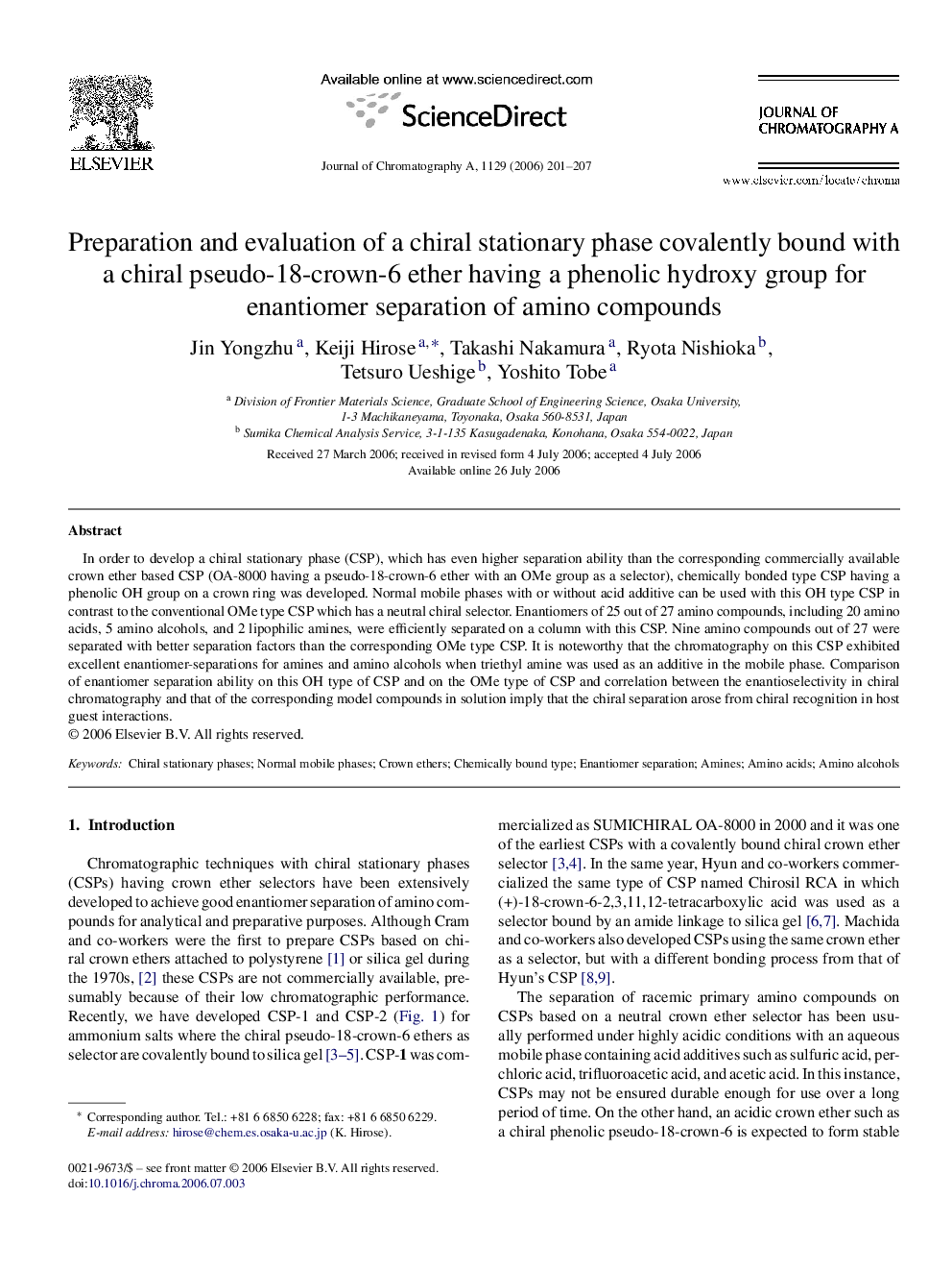 Preparation and evaluation of a chiral stationary phase covalently bound with a chiral pseudo-18-crown-6 ether having a phenolic hydroxy group for enantiomer separation of amino compounds