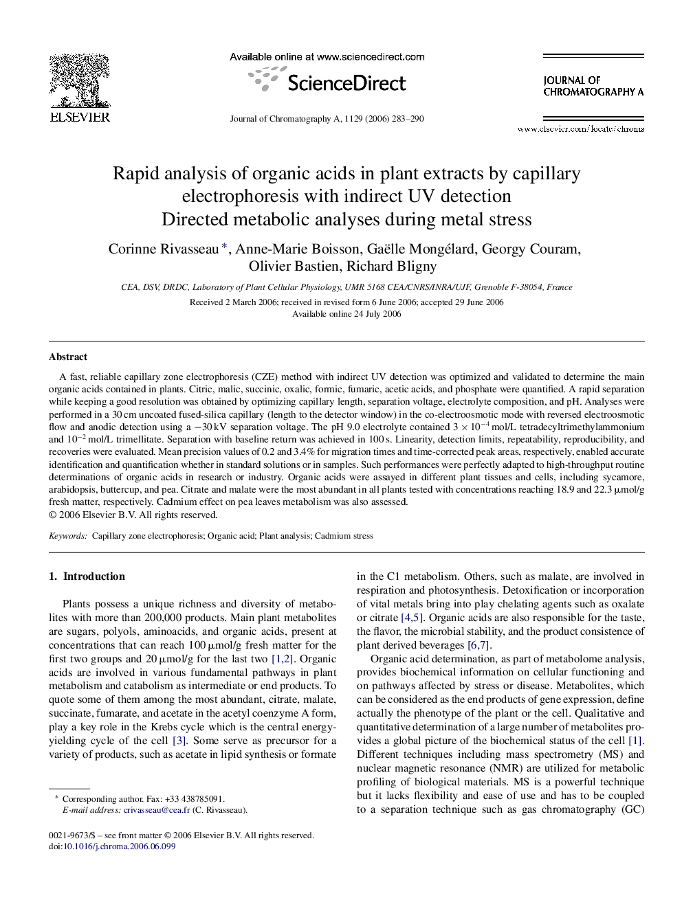 Rapid analysis of organic acids in plant extracts by capillary electrophoresis with indirect UV detection