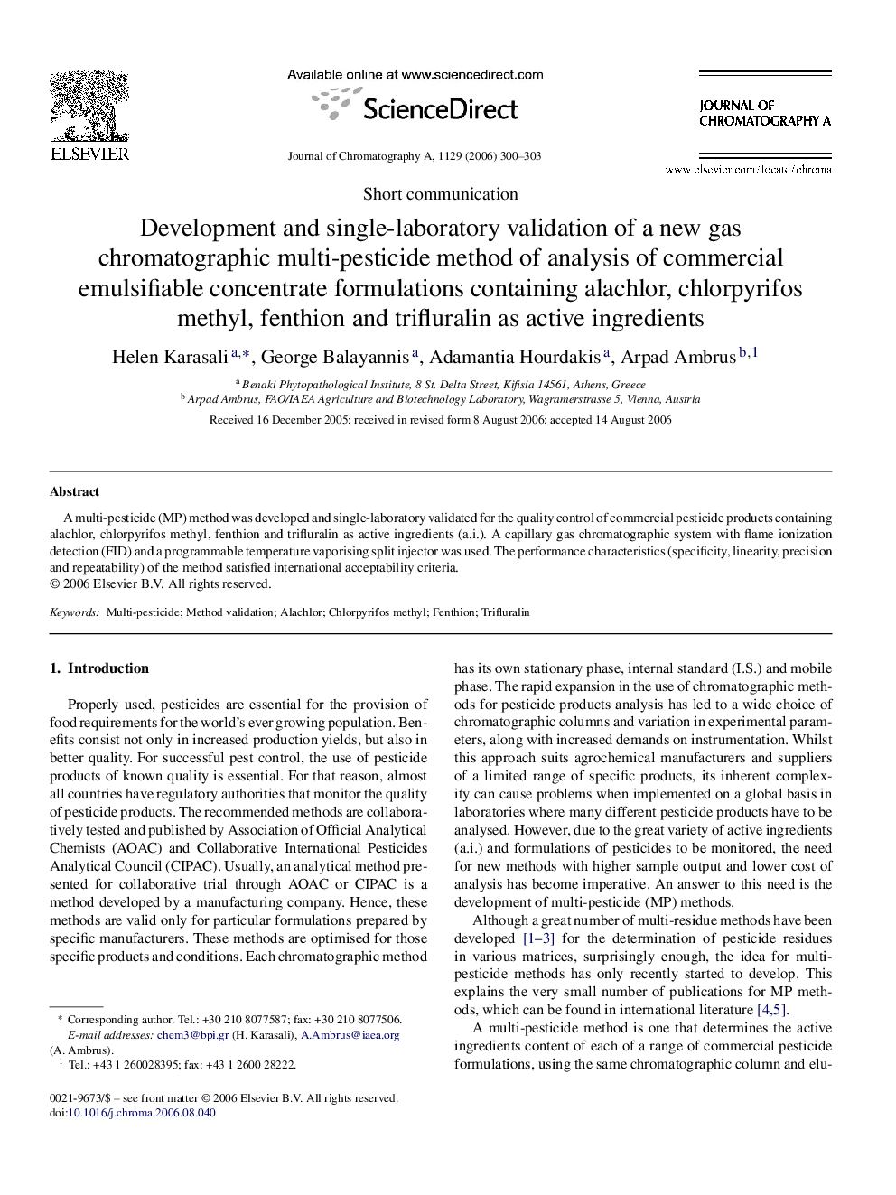 Development and single-laboratory validation of a new gas chromatographic multi-pesticide method of analysis of commercial emulsifiable concentrate formulations containing alachlor, chlorpyrifos methyl, fenthion and trifluralin as active ingredients