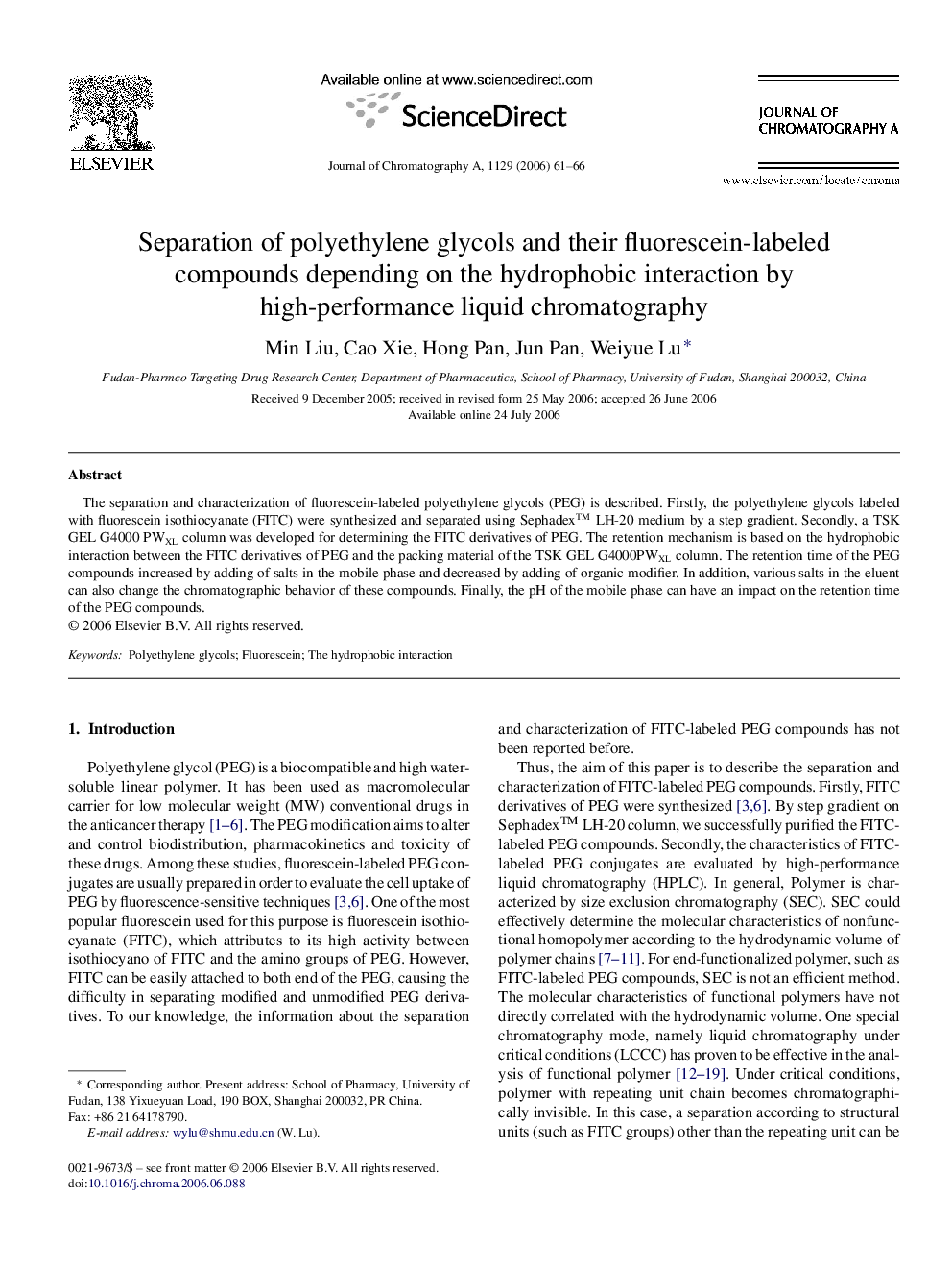 Separation of polyethylene glycols and their fluorescein-labeled compounds depending on the hydrophobic interaction by high-performance liquid chromatography