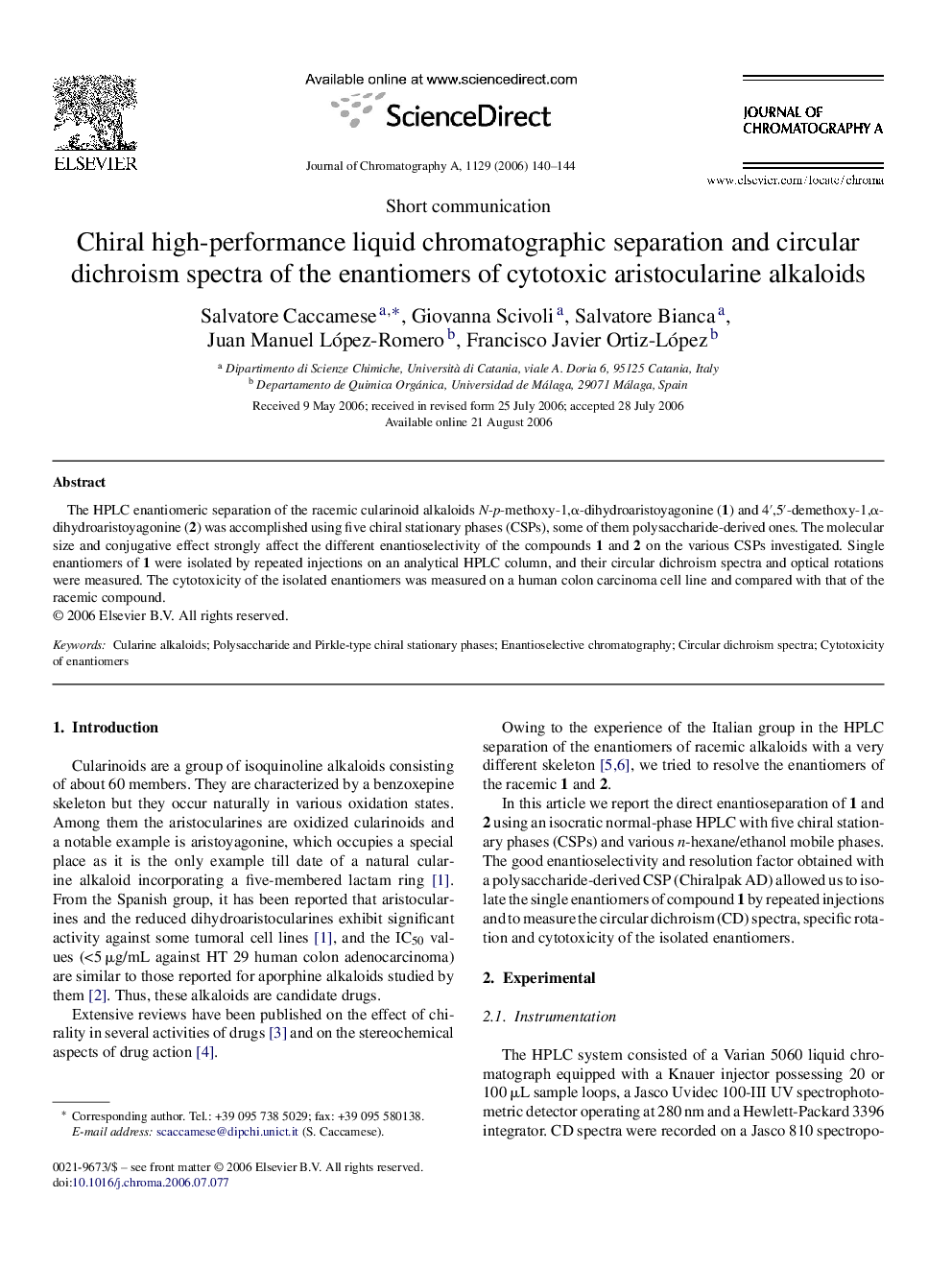 Chiral high-performance liquid chromatographic separation and circular dichroism spectra of the enantiomers of cytotoxic aristocularine alkaloids