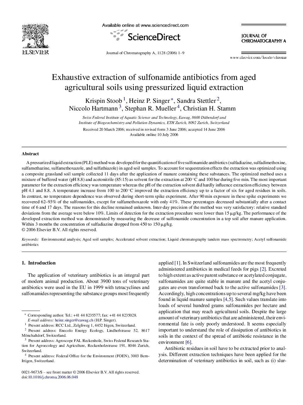 Exhaustive extraction of sulfonamide antibiotics from aged agricultural soils using pressurized liquid extraction