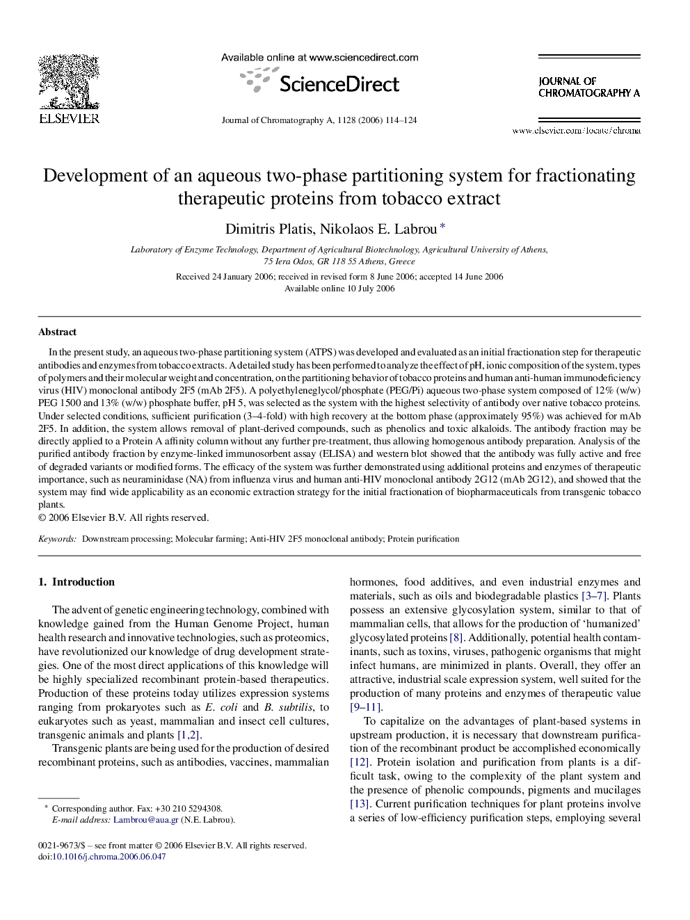 Development of an aqueous two-phase partitioning system for fractionating therapeutic proteins from tobacco extract