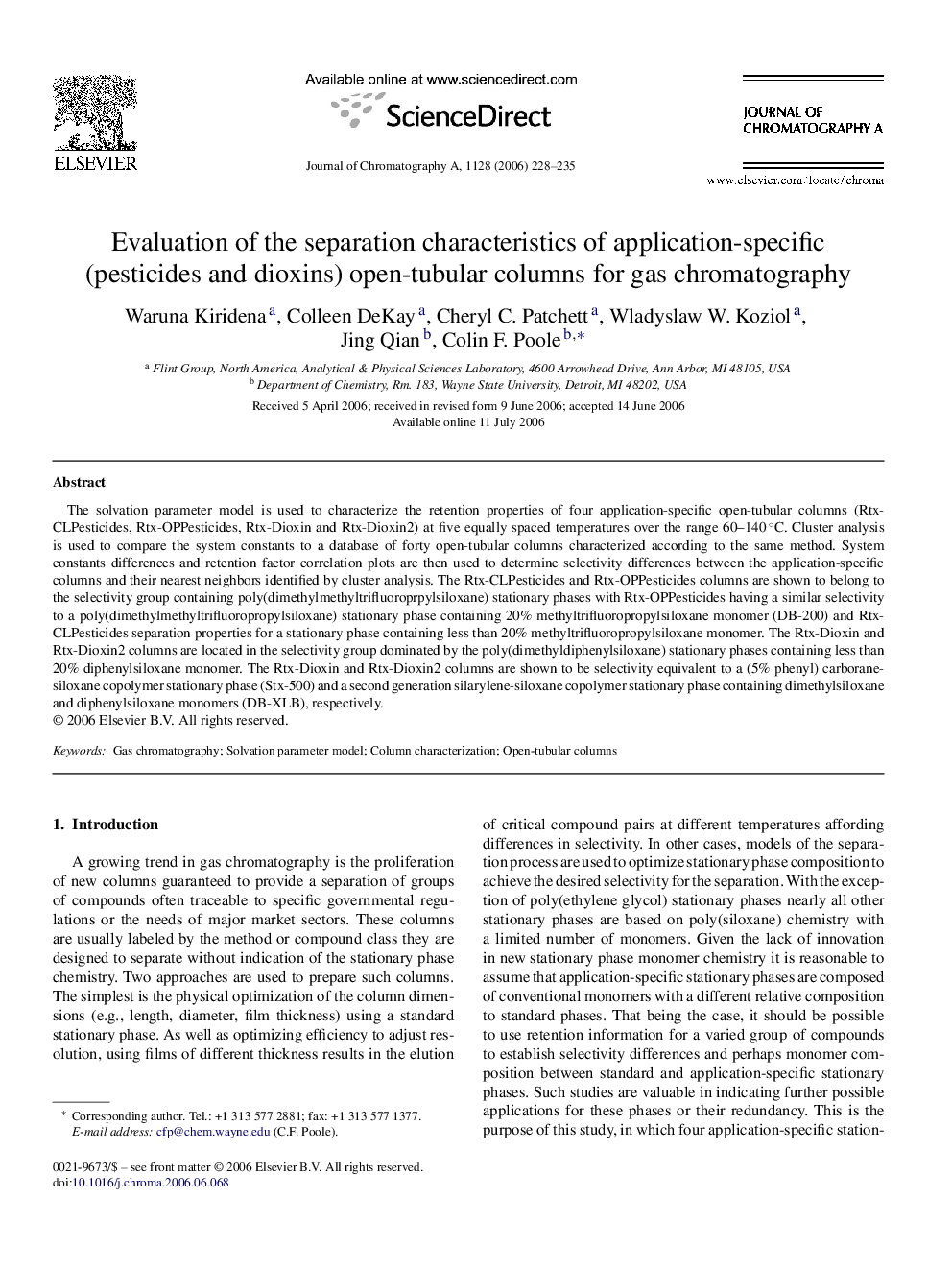 Evaluation of the separation characteristics of application-specific (pesticides and dioxins) open-tubular columns for gas chromatography