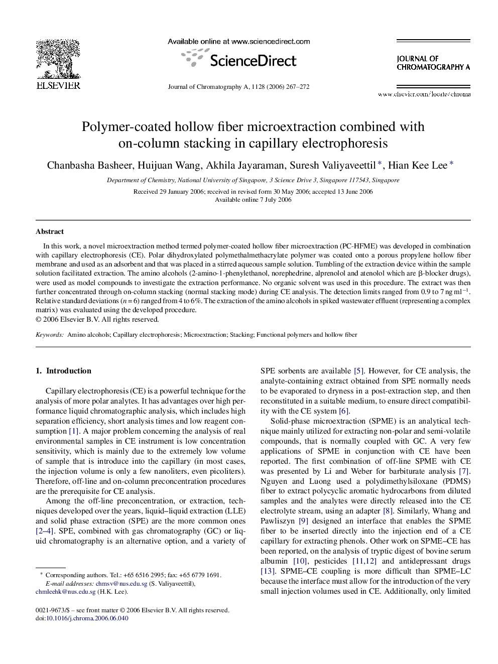 Polymer-coated hollow fiber microextraction combined with on-column stacking in capillary electrophoresis