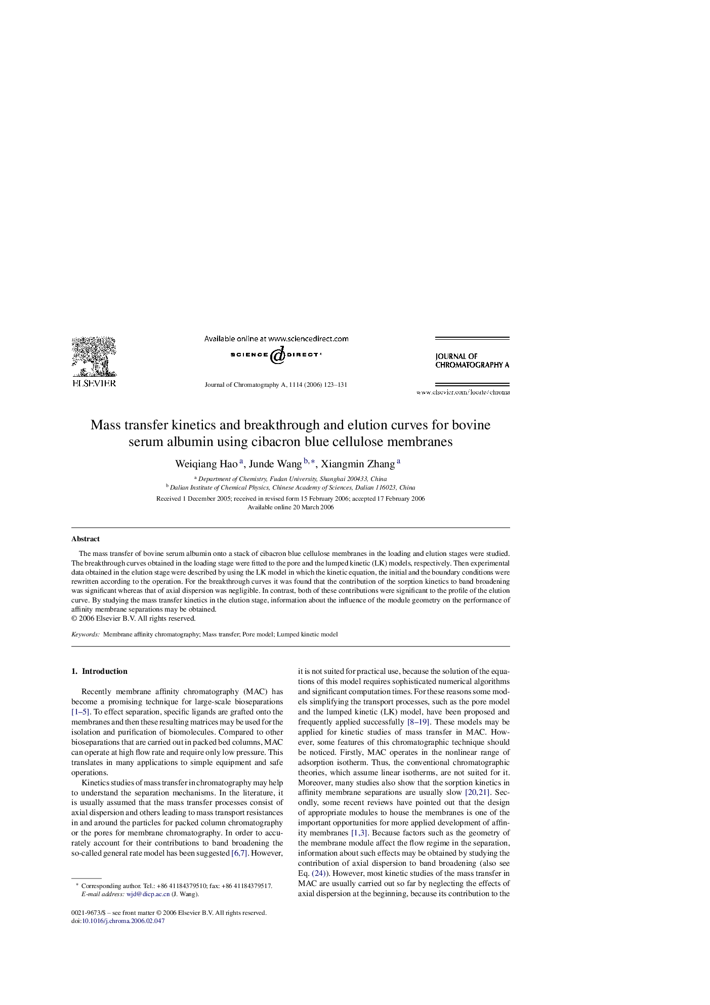 Mass transfer kinetics and breakthrough and elution curves for bovine serum albumin using cibacron blue cellulose membranes