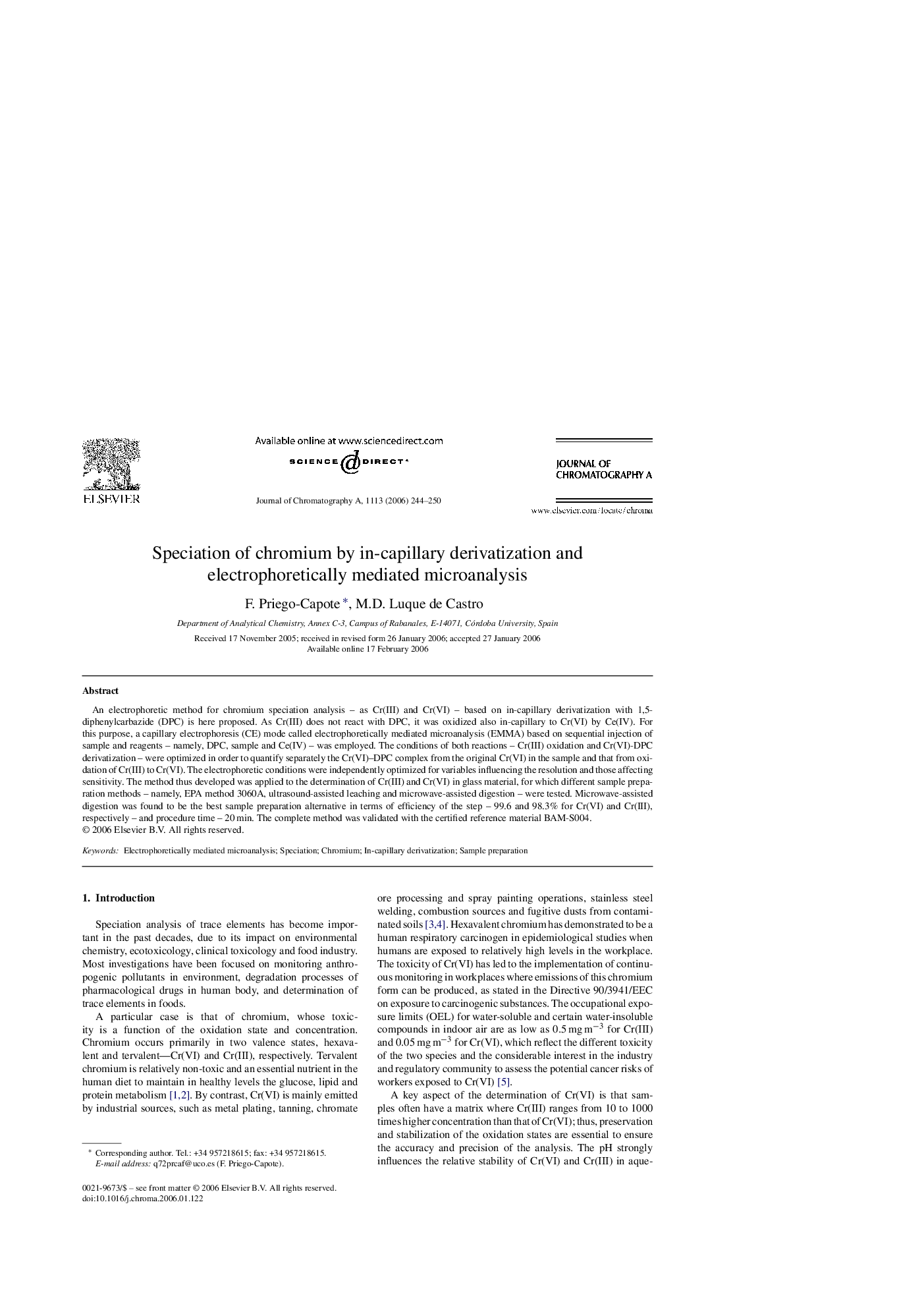 Speciation of chromium by in-capillary derivatization and electrophoretically mediated microanalysis