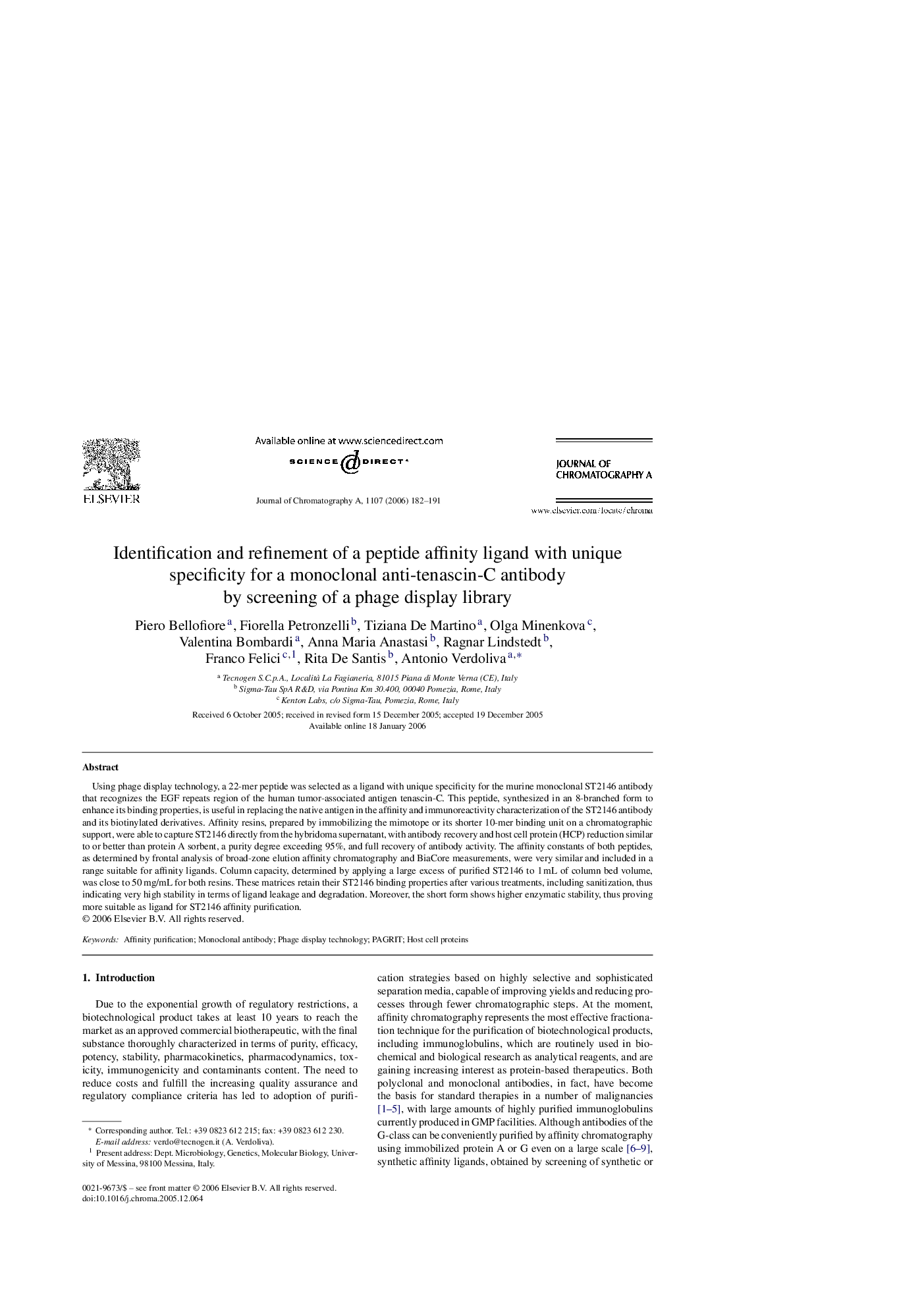 Identification and refinement of a peptide affinity ligand with unique specificity for a monoclonal anti-tenascin-C antibody by screening of a phage display library