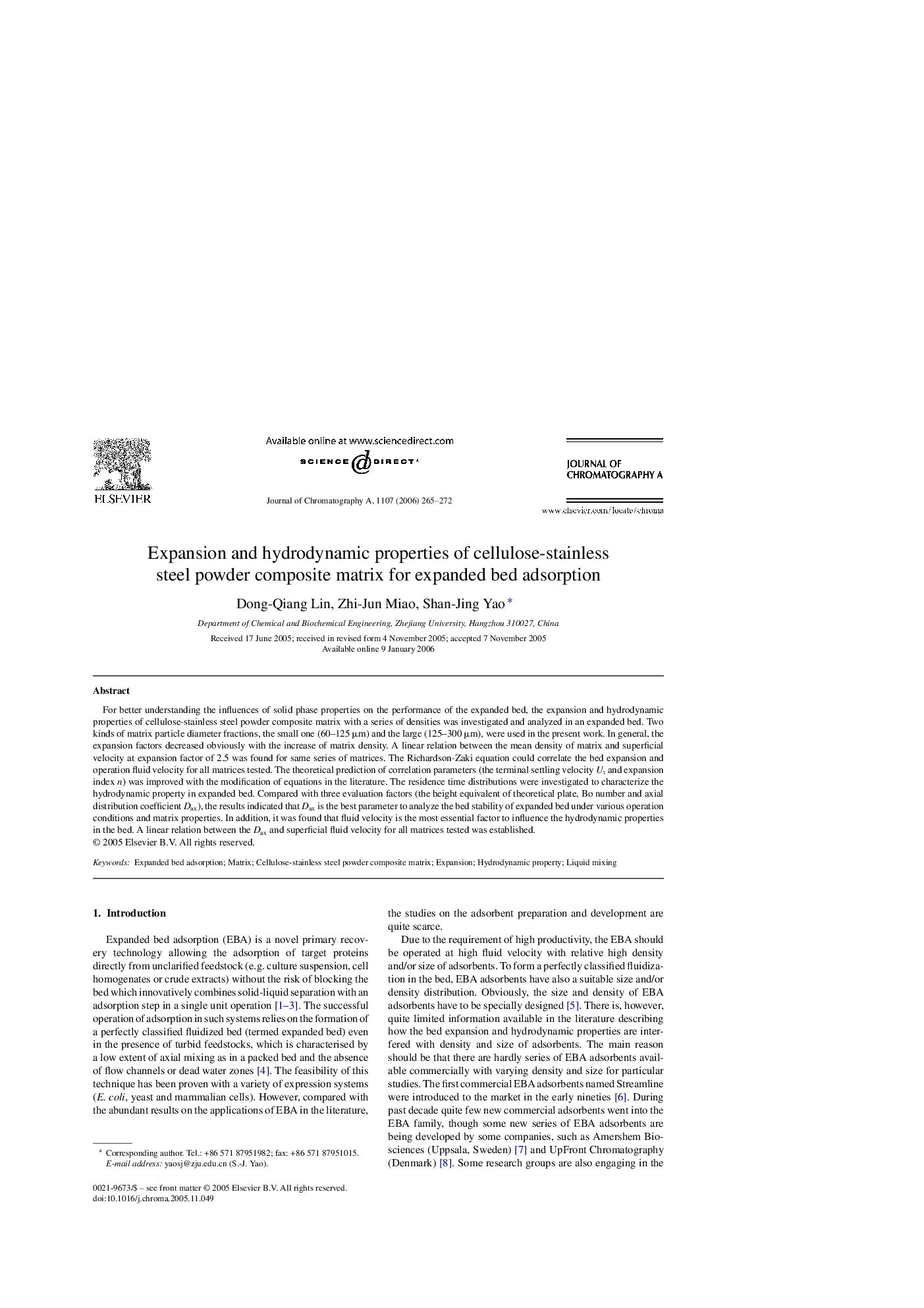 Expansion and hydrodynamic properties of cellulose-stainless steel powder composite matrix for expanded bed adsorption