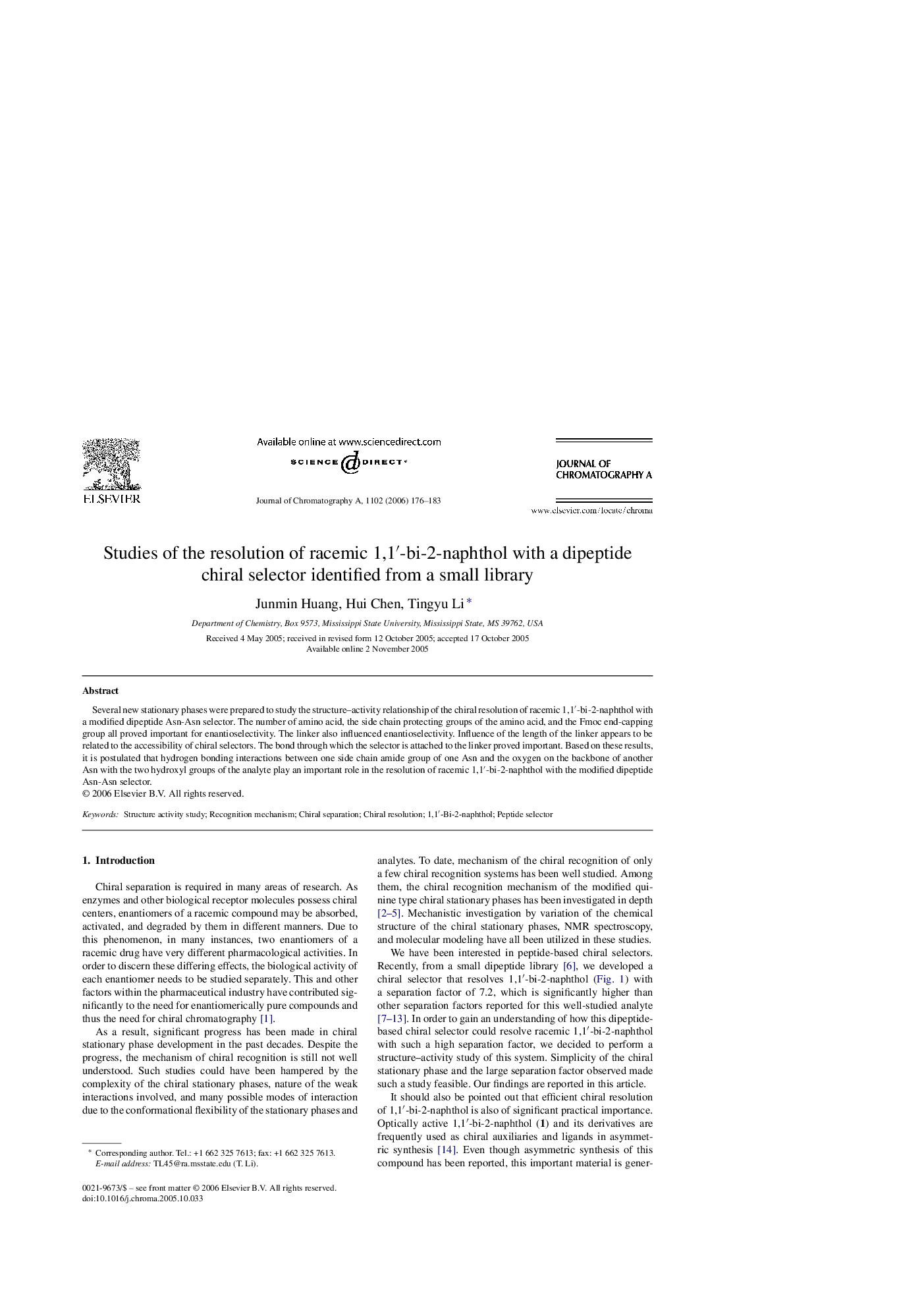 Studies of the resolution of racemic 1,1â²-bi-2-naphthol with a dipeptide chiral selector identified from a small library